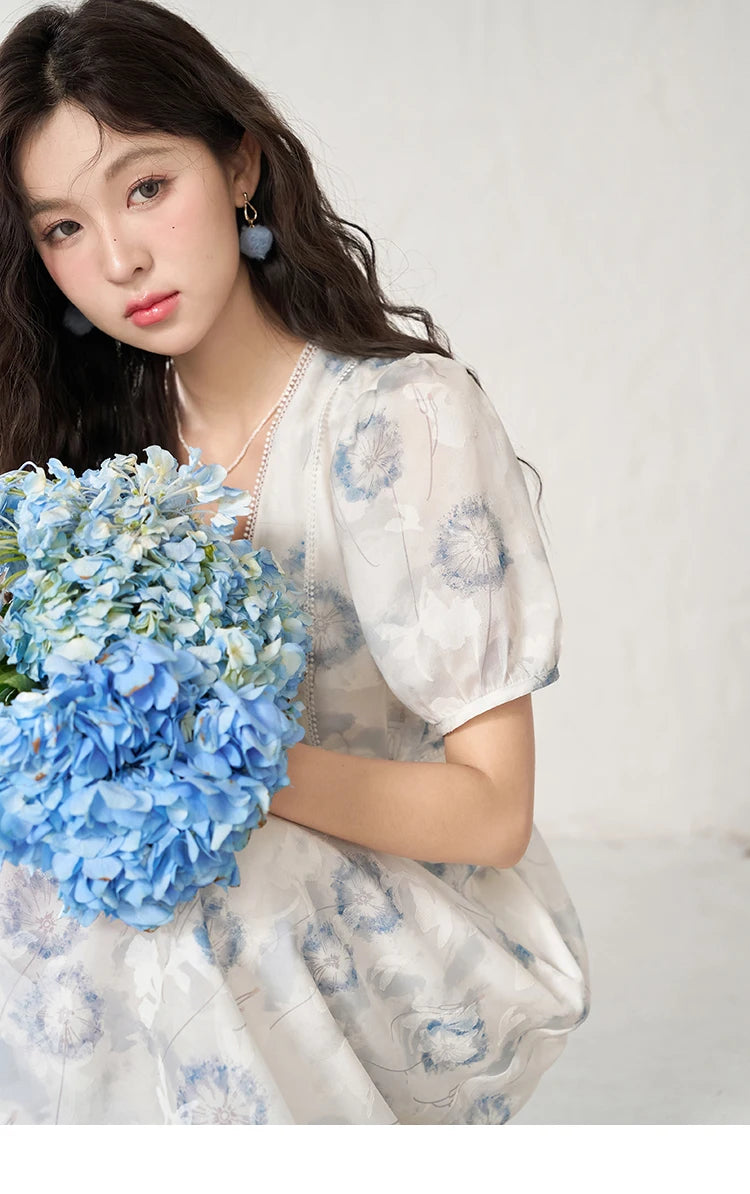 MISHOW 【Taraxacum Series】Chiffon Dress for Women 2023 Summer French Taraxacum Printing V-neck Waist Puff Sleeve Dress MXC39L1555