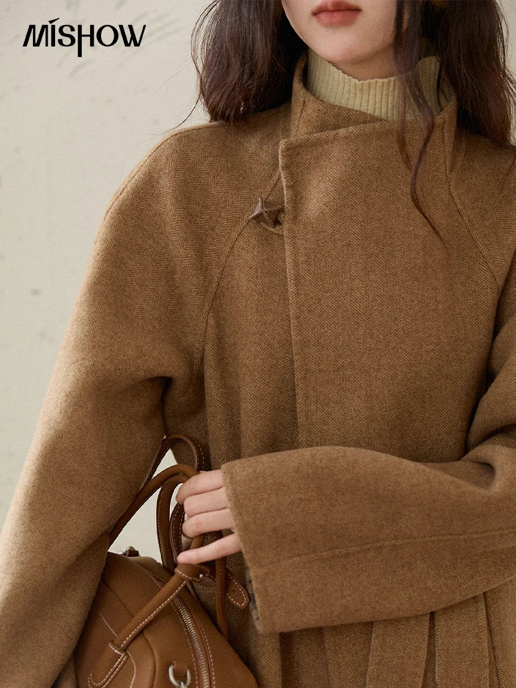 MISHOW Plaid Double-faced Wool Coat Women 2025 Winter Retro Lapel Single Buckle Loose Mid-length Coat Woman Clothes MXE89W0898