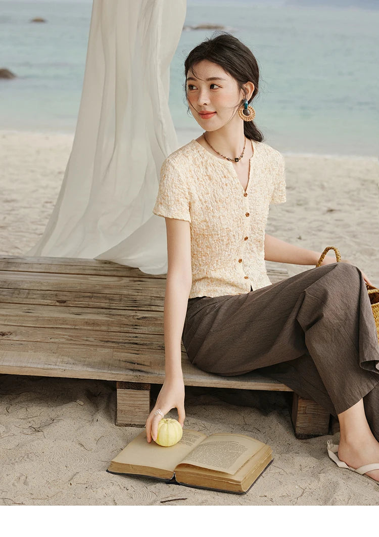 MISHOW Print Casual Summer T-shirts Women 2025 New Short Sleeve V-neck Thin Knitted Shirt Female Fashion Breathable MXE31Z1234