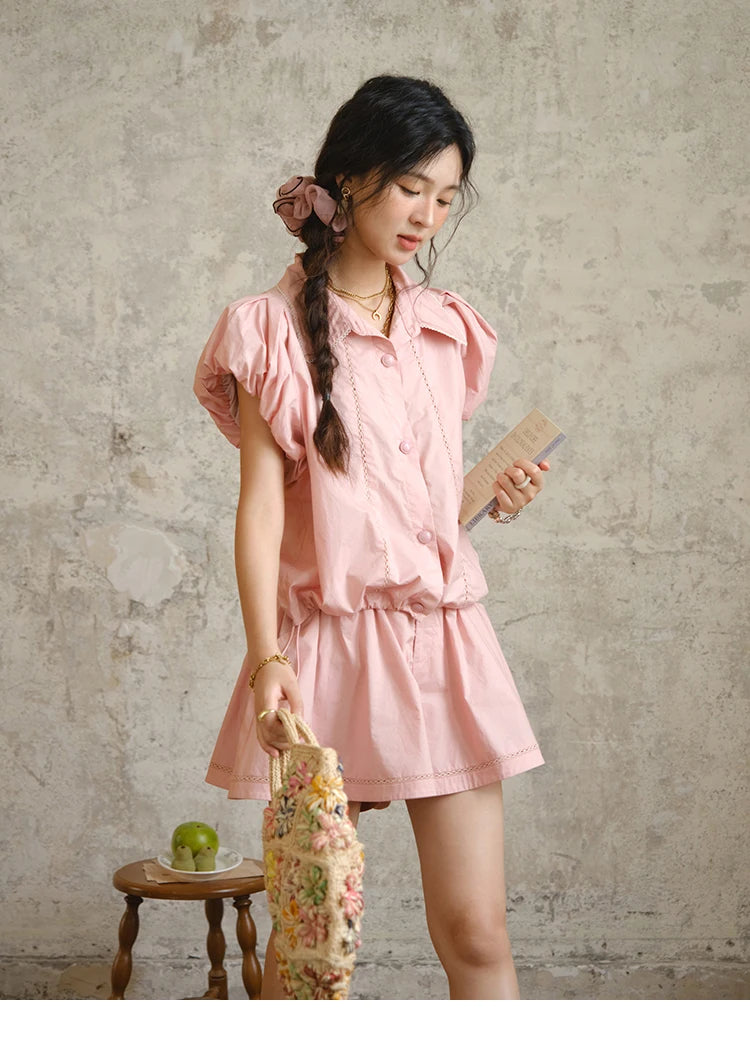 MISHOW 2 Pieces Set for Woman 2025 Summer New Loose Sweet Short Sleeve Button Shirt Casual Shorts Set Ladies Clothing MXE34T0591