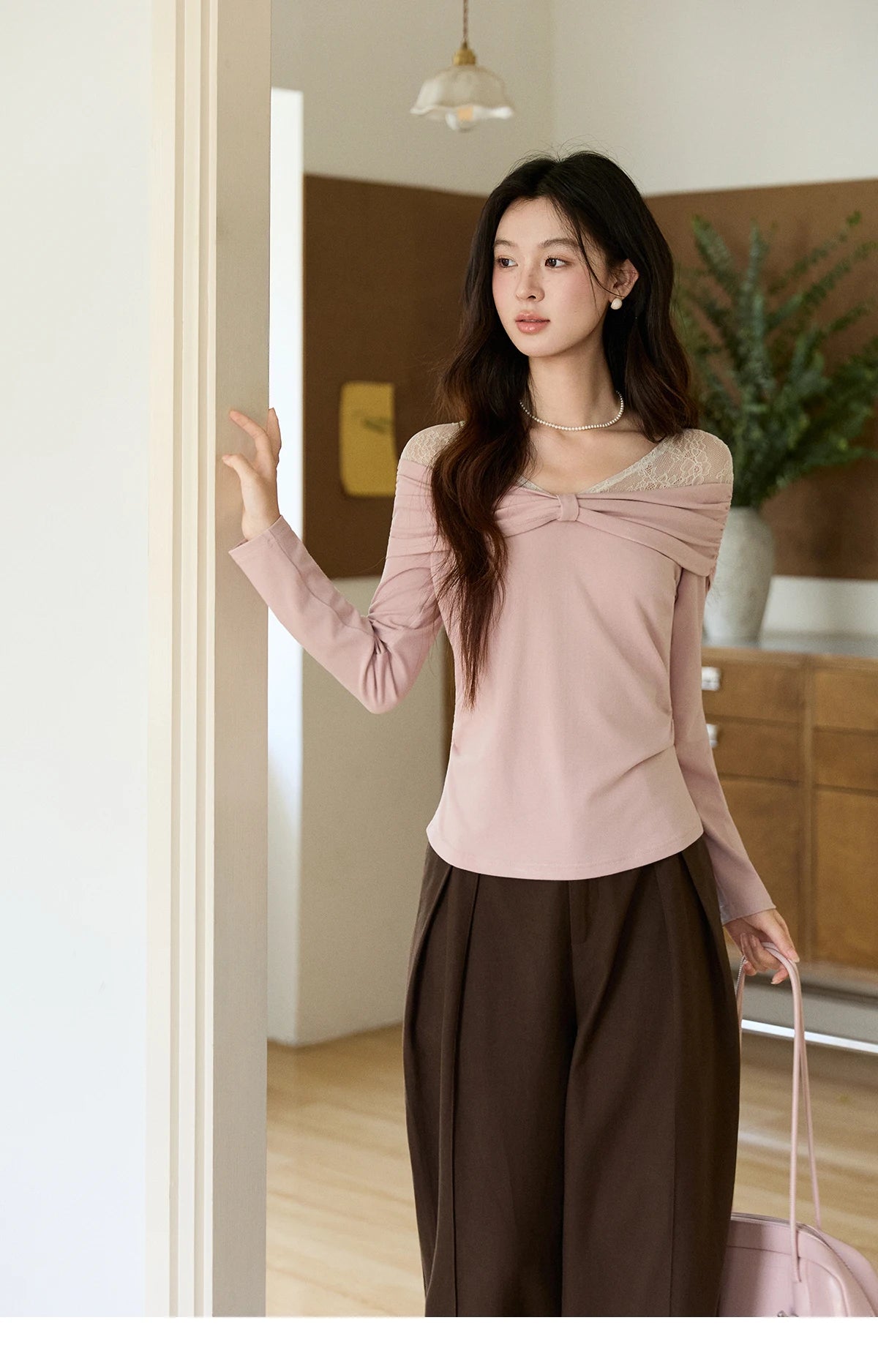 MISHOW Women's Lace Patchwork One Shoulder T-shirt 2026 Spring Twist Casual Slim Tees Sweet Pink Long Sleeve Tops MXF108Z1026