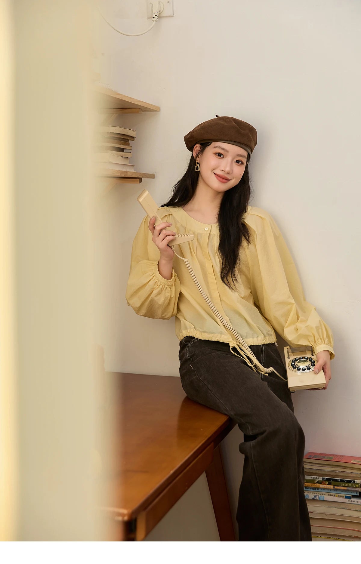 MISHOW Light Yellow Pleated Shirt 2025 Autumn Drawstring Hem Lantern Sleeve Top O-neck Cotton Blend Casual Shirts MXE45X2490