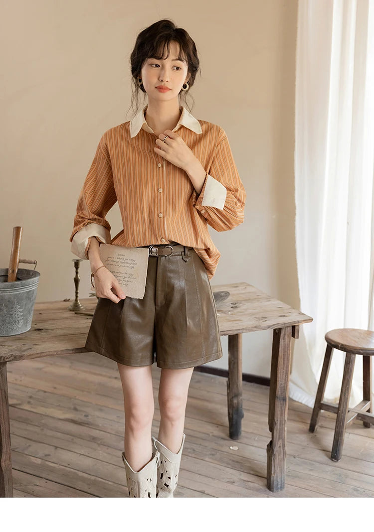 MISHOW Loose Striped Shirt for Women Autumn 2025 Contrasting Lapel Top Single Breasted Patchwork Shirts Office Lady MXD41C0286