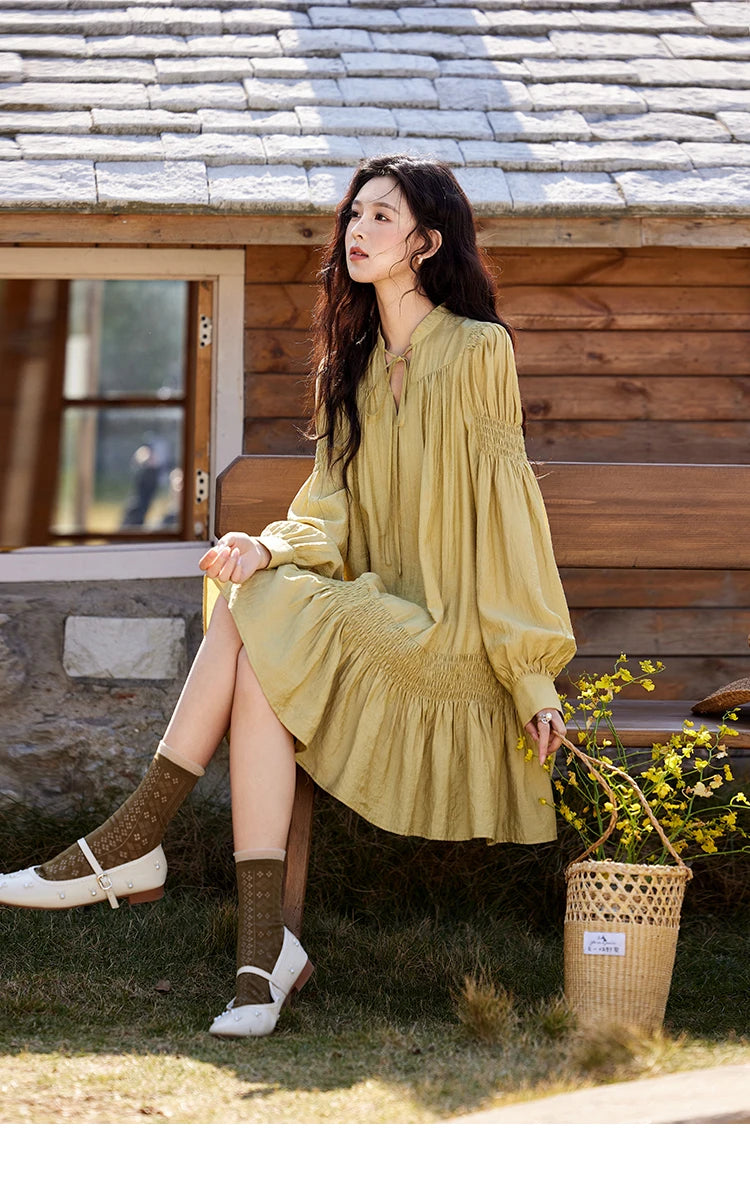 MISHOW Folded Lace Up Dress for Women Spring 2025 Solid V-neck Loose Chiffon Doll Dress Puff Sleeve Knee-Length Dress MXE11L2113