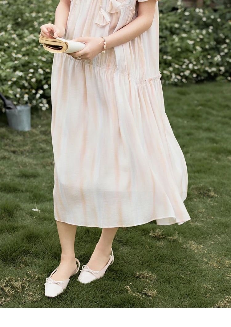 MISHOW French Summer Dress Women 2025 New V-neck Short Puff Sleeve Hollow Gradient Dresses Female Fashion Slimming MXE31L2166