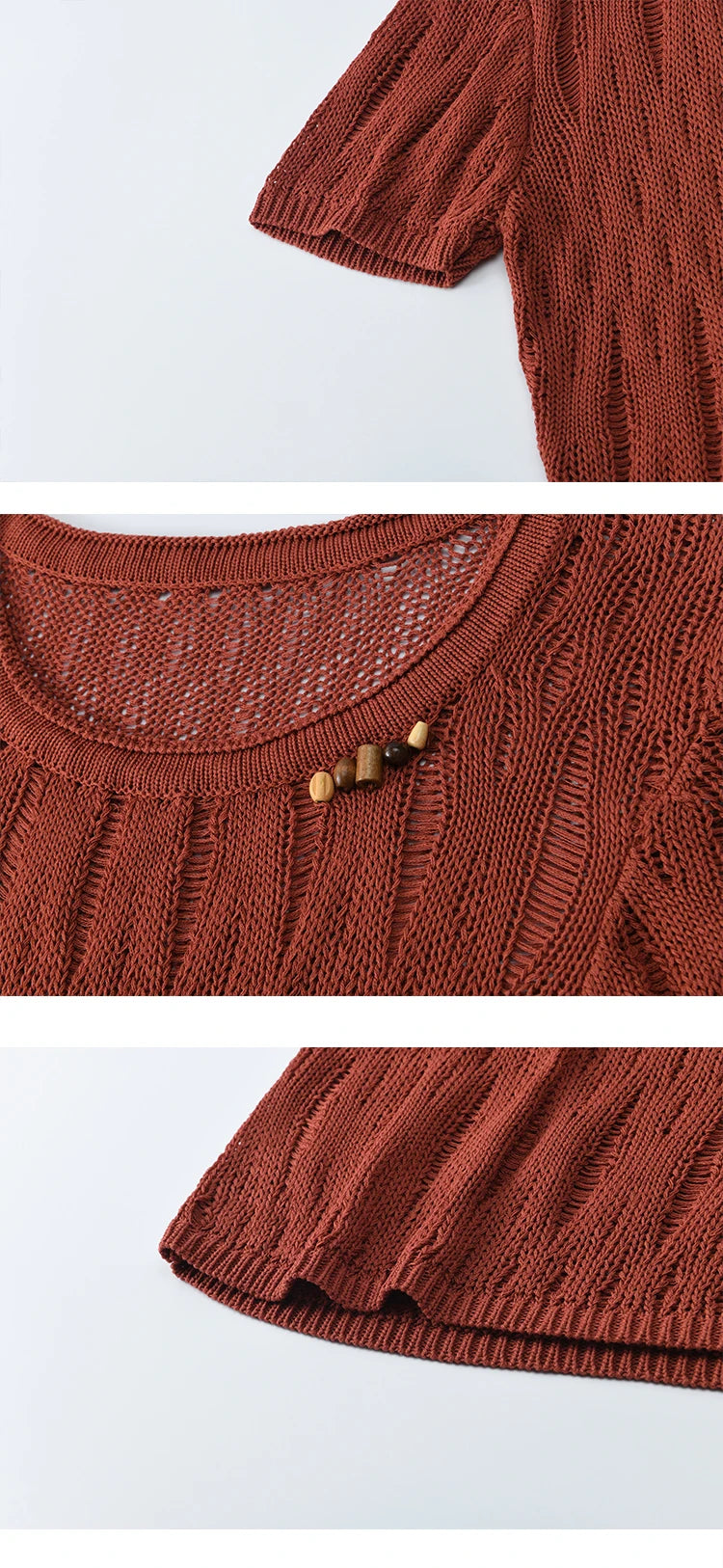 MISHOW Retro Red Hollow Thin Knitted Sweater Shirt for Women 2025 Summer Beads Short Sleeves Knitted Breathable Top MXE35Z1271