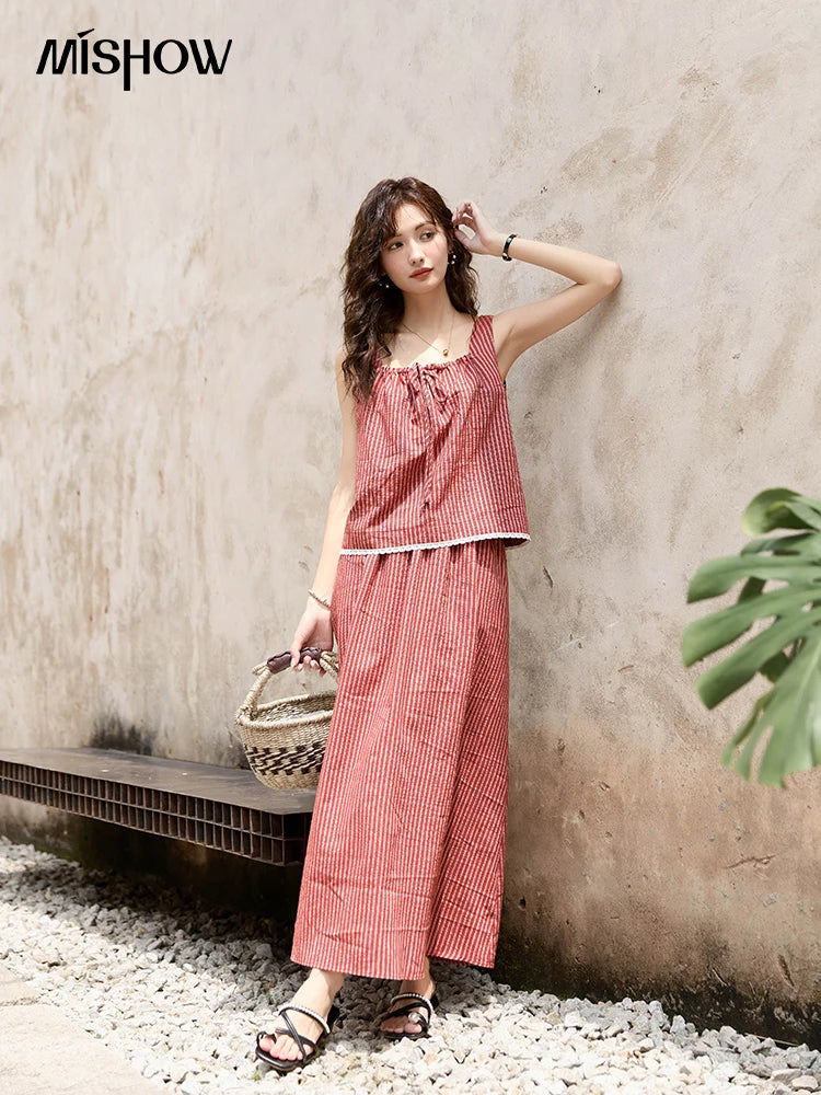 MISHOW French Red Stripe Tank Blouse Elastic Waist Skirt Separately Women 2024 Summer Slim Vacation Strap Waist Skirt MXD30X1631