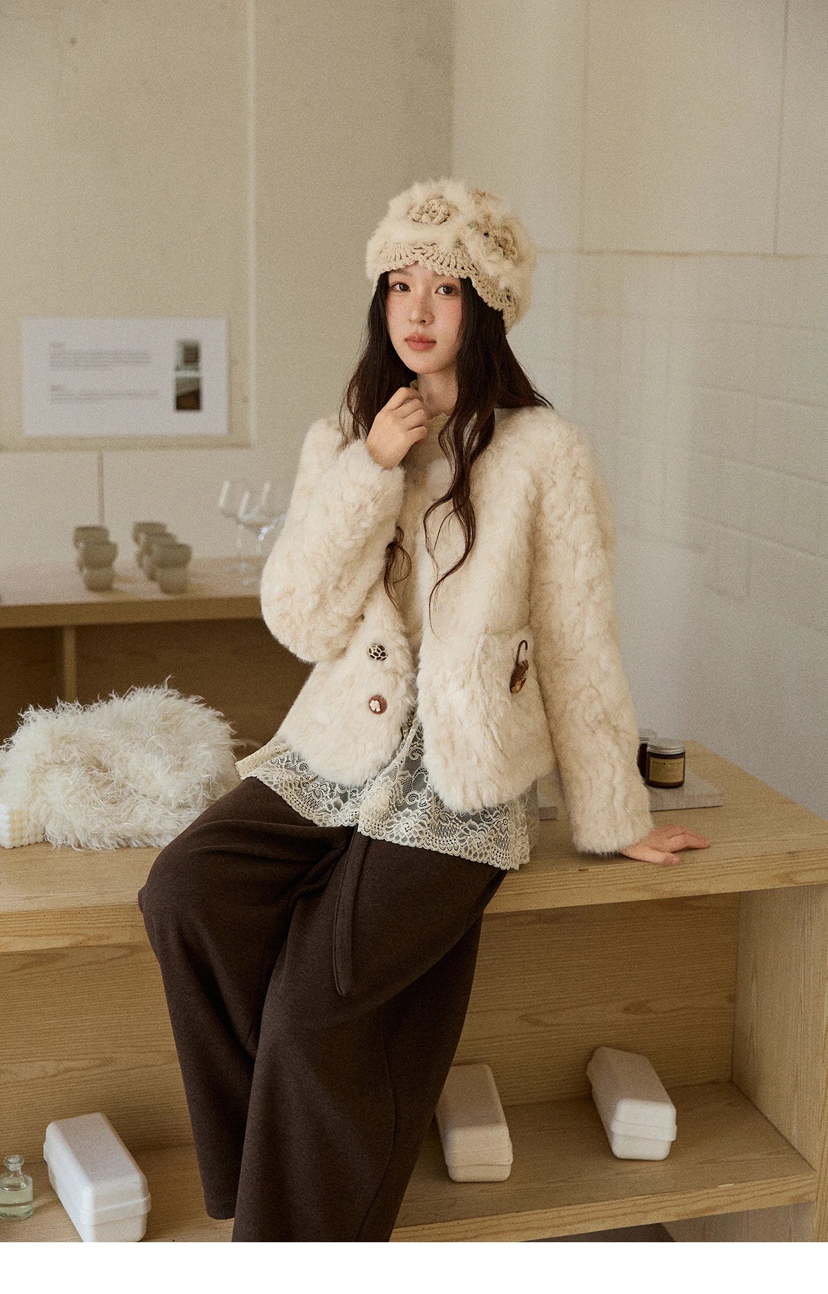 MISHOW Women's Winter Jacket 2025 Sweet Pink Faux Rabbit Fur Coat with Pockets Handcrafted Vintage Buttons Outerwear MXE87W0990