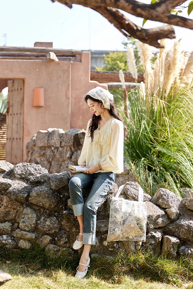 MISHOW Women's Jacquard Lace V-neck Blouses 2025 Spring Ruffled Wavy Design Blouse Slim Elegant Commuting Sweet Top MXE12C0397