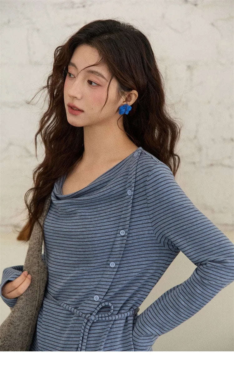 Mishow Retro Crew Neck Tie-Up Striped Top MXE87Z2700