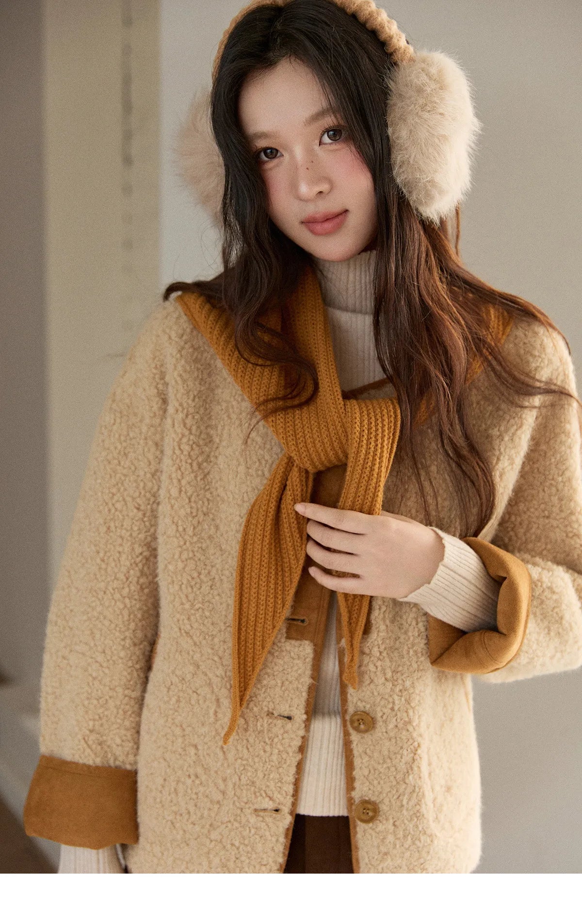 MISHOW Lamb Wool Jacket with Color Blocking Knitted Shawl for Women Winter 2025 Warm Thickened Fur One-piece Coats MXE91W0969