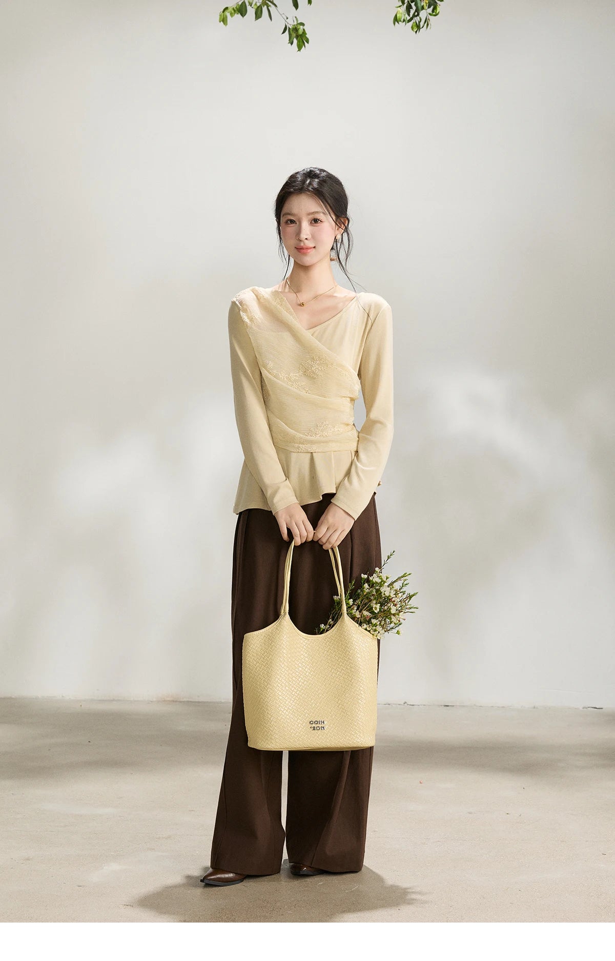 MISHOW Women's Asymmetric Lace Patchwork Tops 2026 Spring V Neck Long Sleeve Top Ruched Waist Ruffled Hem Casual Tees MXF11Z2942