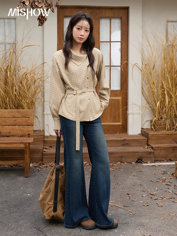 MISHOW Women Casual Shirt 2025 Autumn Winter Fashion Belt Design Asymmetrical Retro Long Sleeves Shirt Women Clothes MXE88C2417