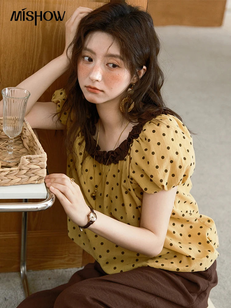 MISHOW 2025 Summer Women's Two Piece Set Polka Dot Puff Sleeve Top Casual Pocket Wide Leg Pants Set Female Clothing MXE39T0657