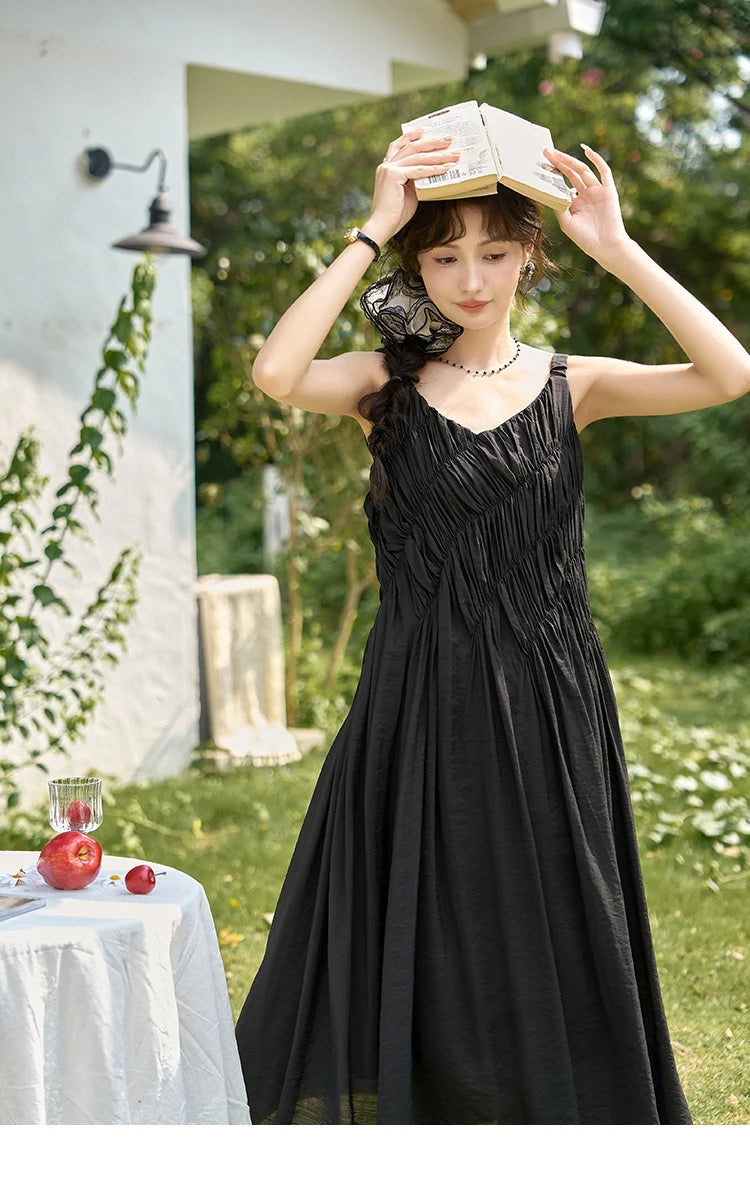 MISHOW French Retro Pleated Upper Suspender Dress for Women 2024 Summer Vacation Sleeveless Solid Mid Length Dresses MXD26L1939