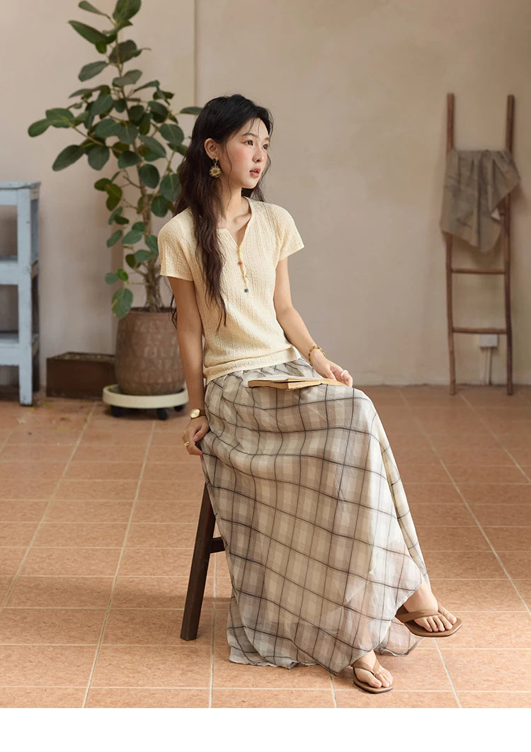 MISHOW Apricot Green Retro Plaid Skirt for Women Summer 2025 Pleated Chiffon High Waist Elegant Slim A-line Skirts MXE35B0747