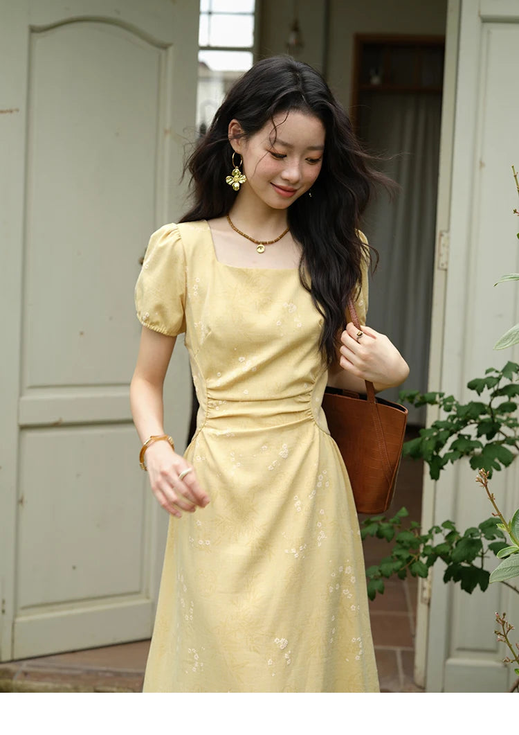 MISHOW Women's Clothing Fashion Square Neck Puff Sleeve Dress Summer 2025 New Bamboo Leaf Jacquard Pattern Dresses MXE39L2415