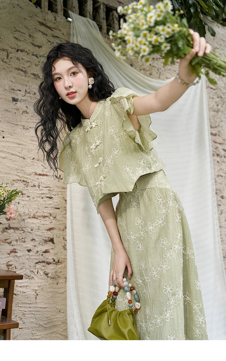 MISHOW Chinese Green Stand Collar Lotus Leaf Overlapping Sleeve Top Hem Stringy Selvedge Skirt Separately 2024 Summer MXD22X1388