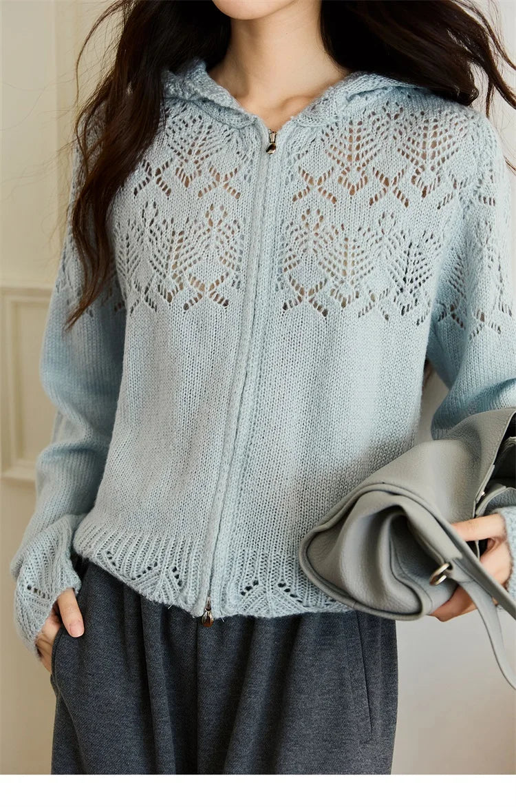 MISHOW Women's Autumn Cardigan 2025 New Loose Blue Hollow Knitted Cardigan Commute Hooded Short Zipper Sweater MXE46Z2584