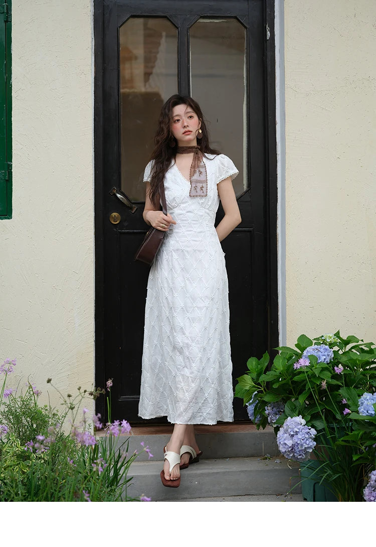 MISHOW Women's V-neck Lace Spliced Dress 2025 Summer New Embroidery Vacation French Style Jacquard Mid-Length Dresses MXE38L2378