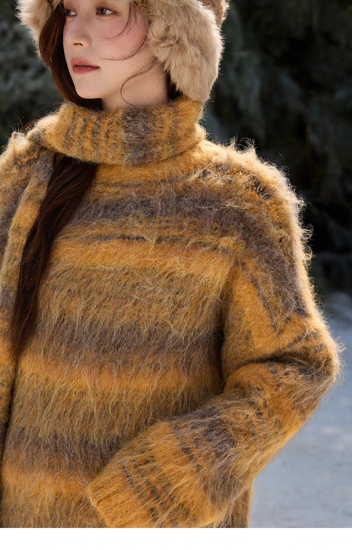 MISHOW Retro Yellow Gradient Blurred Striped Sweater with Scarf Winter 2025 Brushed Wool Blend Soft Warm Sweater MXE91Z2842