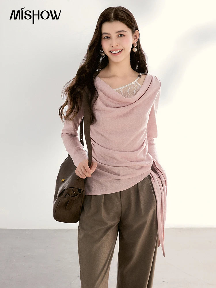 MISHOW Women's Splicing Lace Trim Draped Neck Long Sleeve Tops 2026 Spring Side Tie Ruched Irregular Casual Slim Tees MXF13Z2995