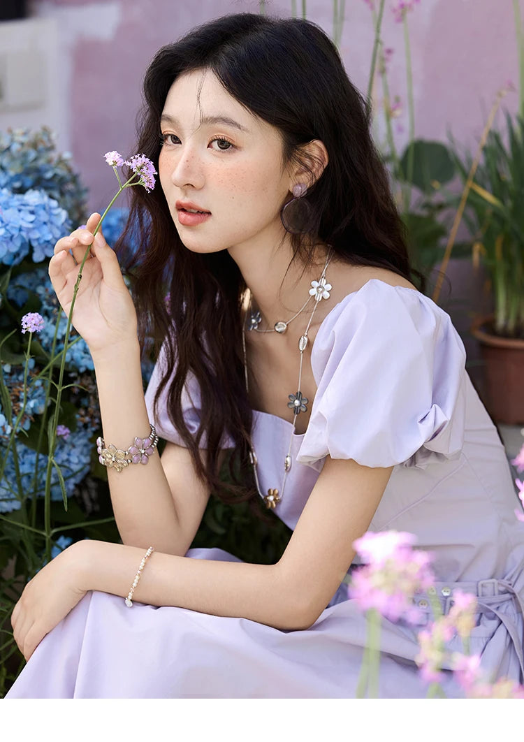 MISHOW French Purple Dresses Women Summer 2025 Solid Short Puff Sleeve Square Neck Slimming Dress Woman New Fashion MXE34L2222