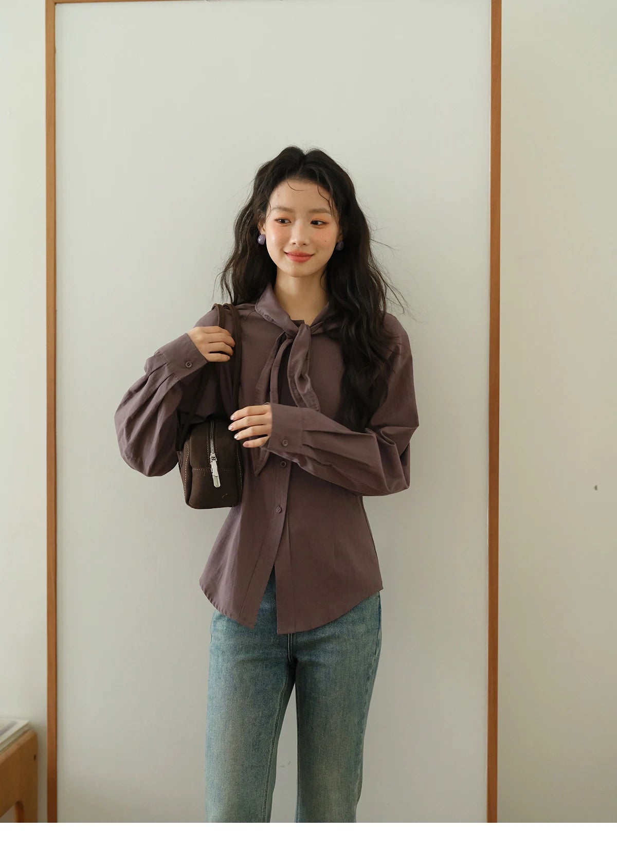 MISHOW Ash Purple Shirt Curved Hem Ribbon Neck Slim MXE42C2383