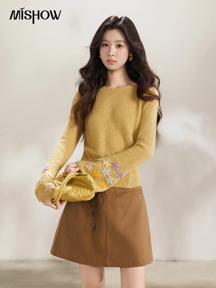 MISHOW Floral Embroidered Boat Neck Flare Sleeve Knit Tops 2026 Spring Side Button Slim Casual Soft Yellow Sweater MXE94Z2864