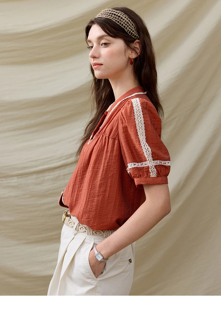 MISHOW French New Blouses Women Summer New 2025 Short Sleeve V-neck Color Matching Shirts Female Fashion Lazy Style MXE31X1766