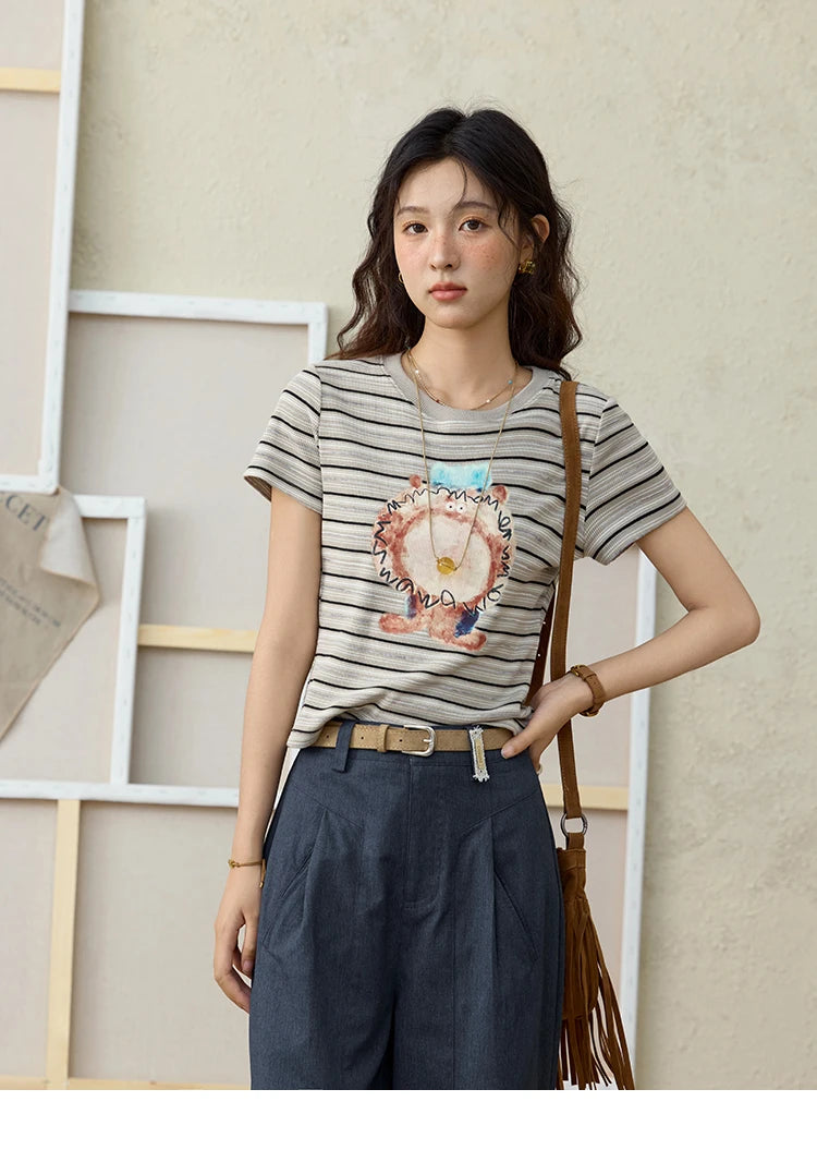 MISHOW Striped Cartoon Pufferfish Printed T-shirt for Women Summer 2025 Slim Shoulders Cotton Tees Short Sleeved Top MXE32T0538