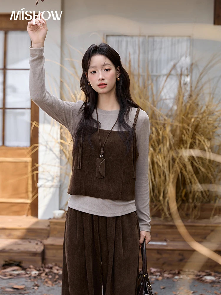 MISHOW Three-piece Suit Women 2025 Retro Brown Vest Wide-leg Pants Gray Long Sleeves Tops Autumn Women's Pants Set MXE49T1422