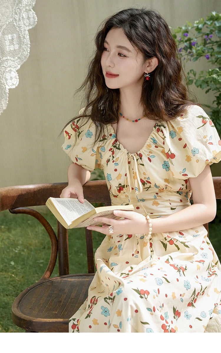 MISHOW French 100 Cotton Floral V-neck Dress Women 2025 Summer Bubble Sleeve Drawstring Lace-up Temperament Dresses MXD30L1868