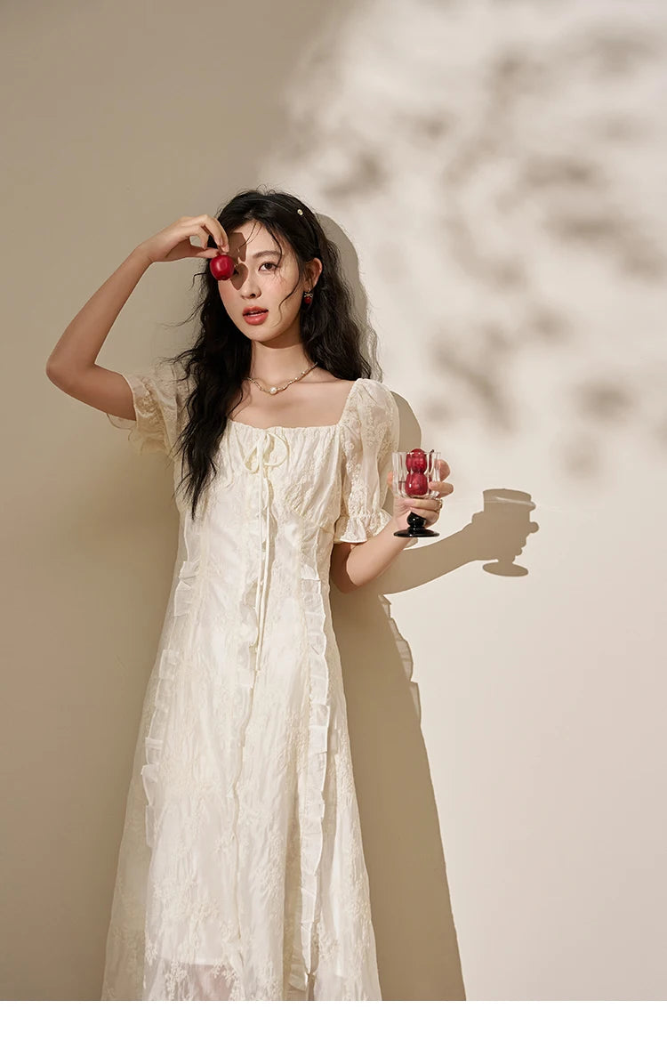 MISHOW Square Neck Vertical Stripe Ruffle Edge Dress 2025 Summer Tea Break French Bubble Sleeve Vacation Long Dresses MXD27L1808