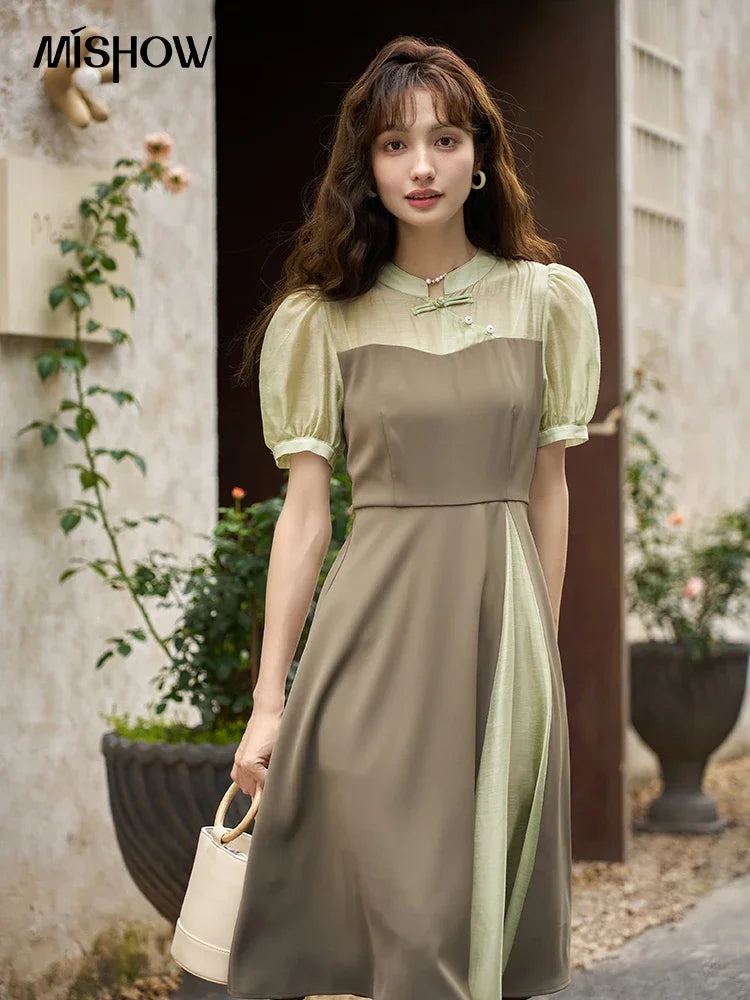 MISHOW Chinese Style Dress for Women 2023 Summer Waist Puff Sleeve Patchwork Fake Two Pieces French Slim Long DressES MXC35L1354