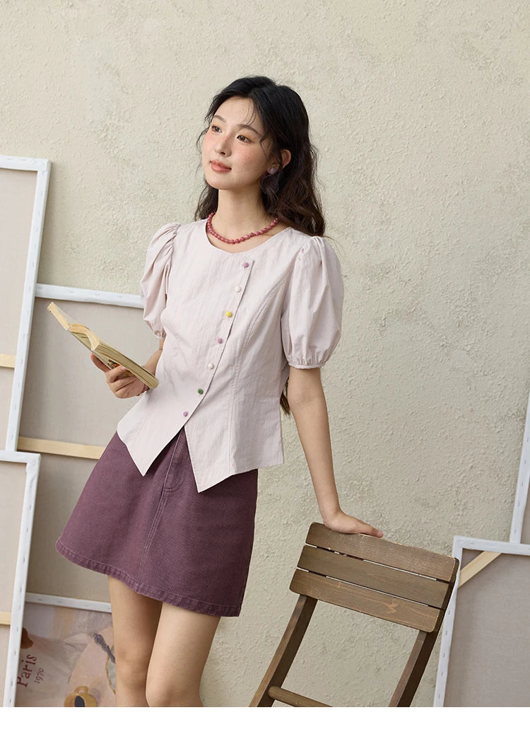 MISHOW Bubble Sleeves Blouses for Women Summer 2025 Irregular Placket Tops Rainbow Button Solid Blouse Office Lady MXE34X1782