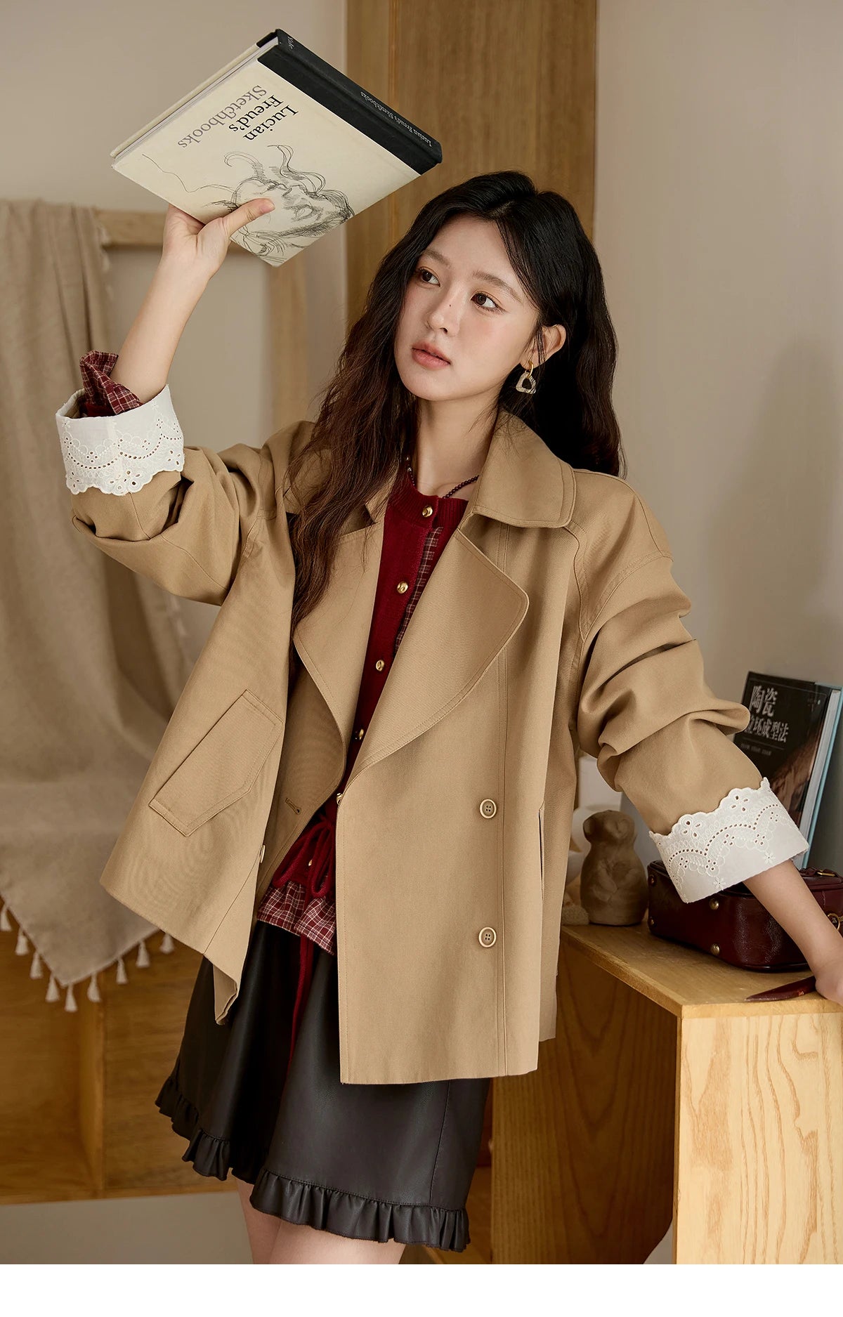 MISHOW Coats for Elegant Women Cotton 2025 Autumn Khaki Ruffled Cuff Splicing Lace Short Trench Coat Casual Jacket MXE45W0831
