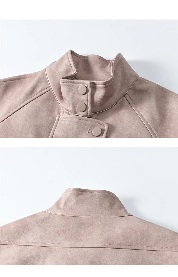 MISHOW Sweet Cool Blended Pink Purple Leather Coat Spring 2025 Stand Collar Motorcycle Style Jackets PU Leather Coats MXE13W0707