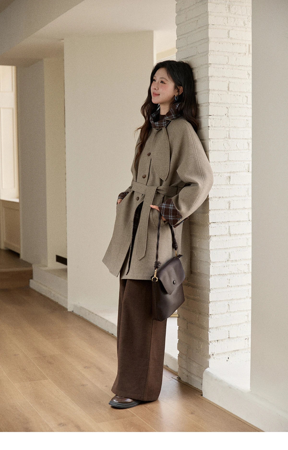 MISHOW Retro British Plaid Patchwork Woolen Coat Winter 2025 Rabbit Ear Tie Collar Waist Cinching Belt Woolen Coats MXE90W0924