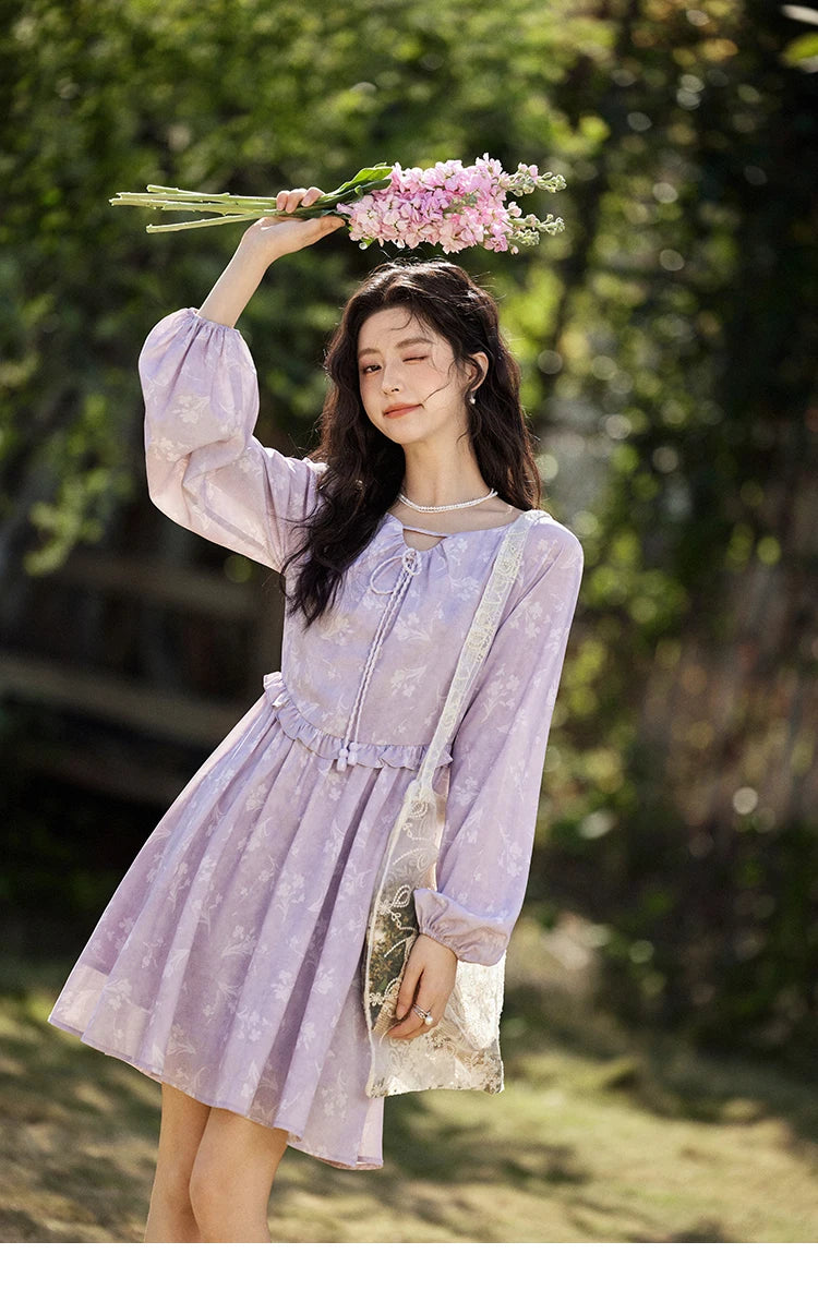 MISHOW Iris Chiffon Dress for Women Spring 2025 Waist Slim Black Fungus Edge Straps Dresses Purple Floral Fairy Dress MXE13L2095