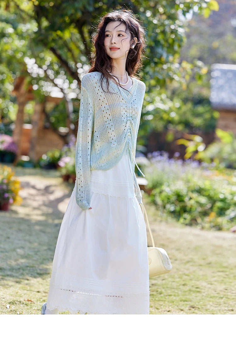 MISHOW Gradient Blue Green Knitted Sweater Women 2025 Autumn Long Sleeve V-neck Drawstring Tops New Fashion Sweaters MXE16Z1171