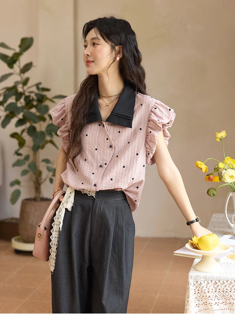 MISHOW Summer Office Lady Blouses Women 2025 Short Sleeve Turn-down Collar Polka Dot Shirts Female Fashion Slim Tops MXE31C0776