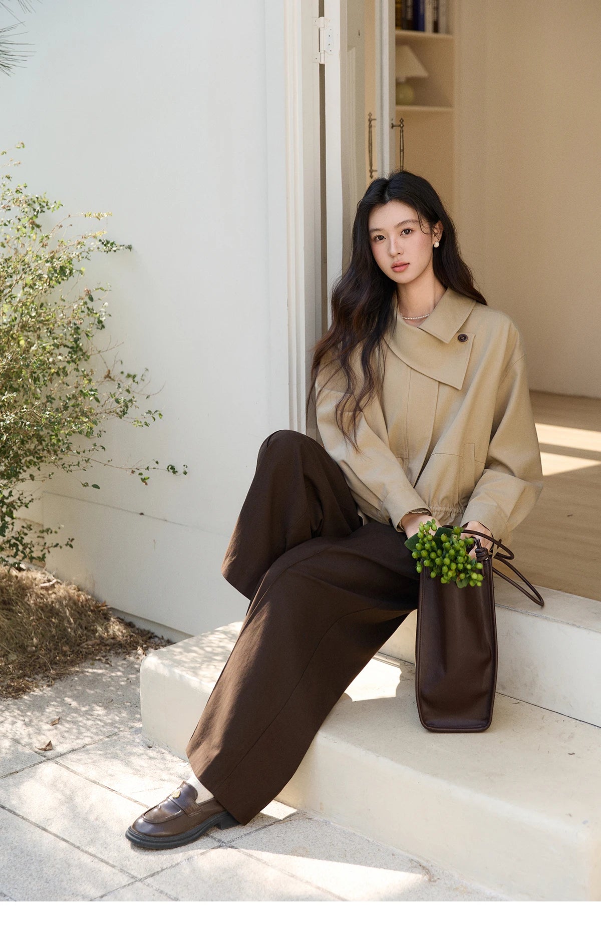 MISHOW Women's Khaki Cropped Jacket 2026 Spring Asymmetrical Collar Drawstring Waist Short Jackets Casual Loose Coat MXF11W1029