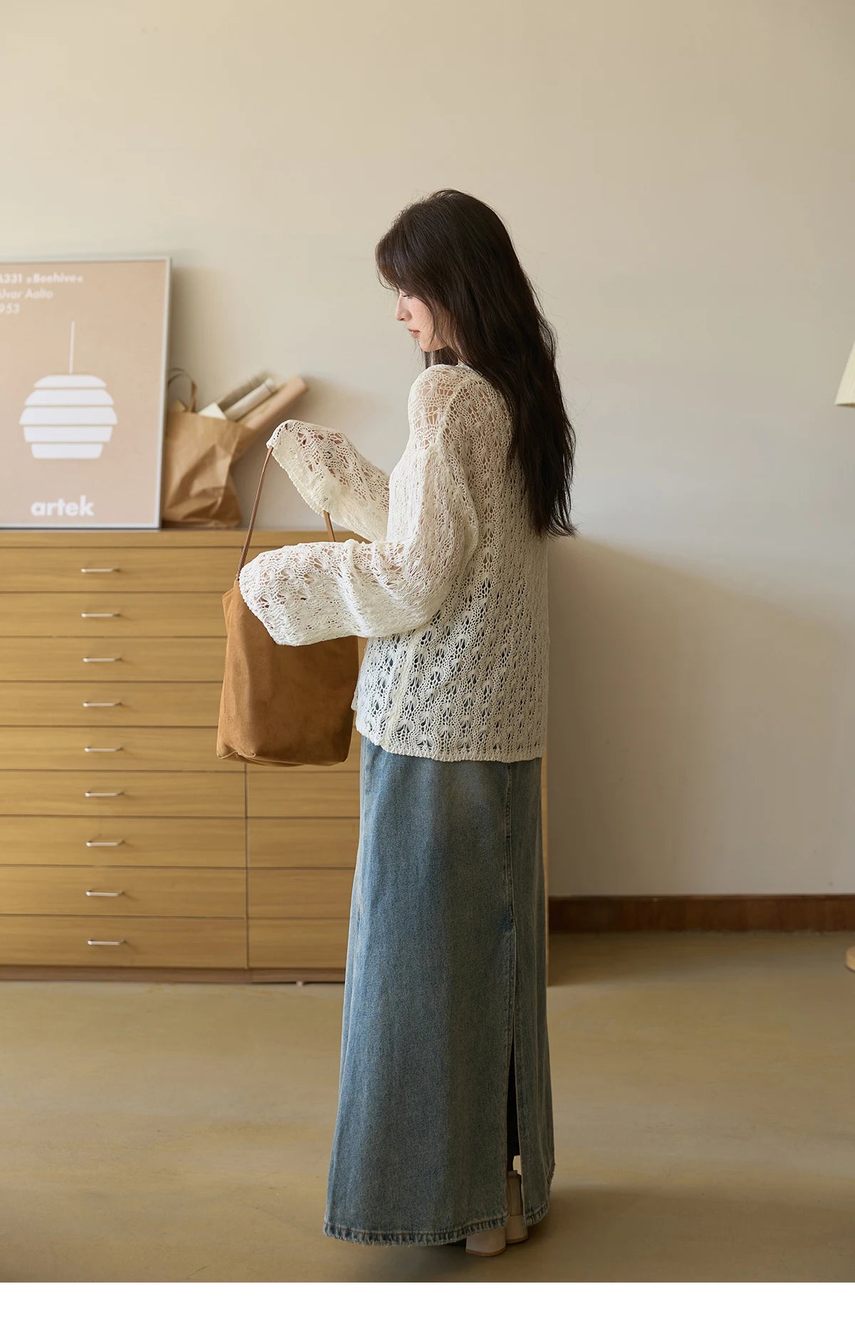 MISHOW Women's Hollow Knitted Tops 2025 Autumn Jacquard Weave Breathable Top Solid Dropped Sleeve Knitted Sweaters MXE43Z1360