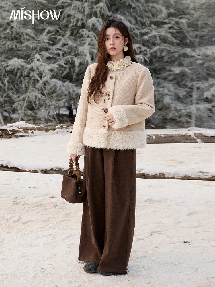 MISHOW Retro Apricot Wool Thickened Short Coat 2025 Winter Plush Splicing Coat Placket Vintage Handmade Buttons Coat MXE92W0998