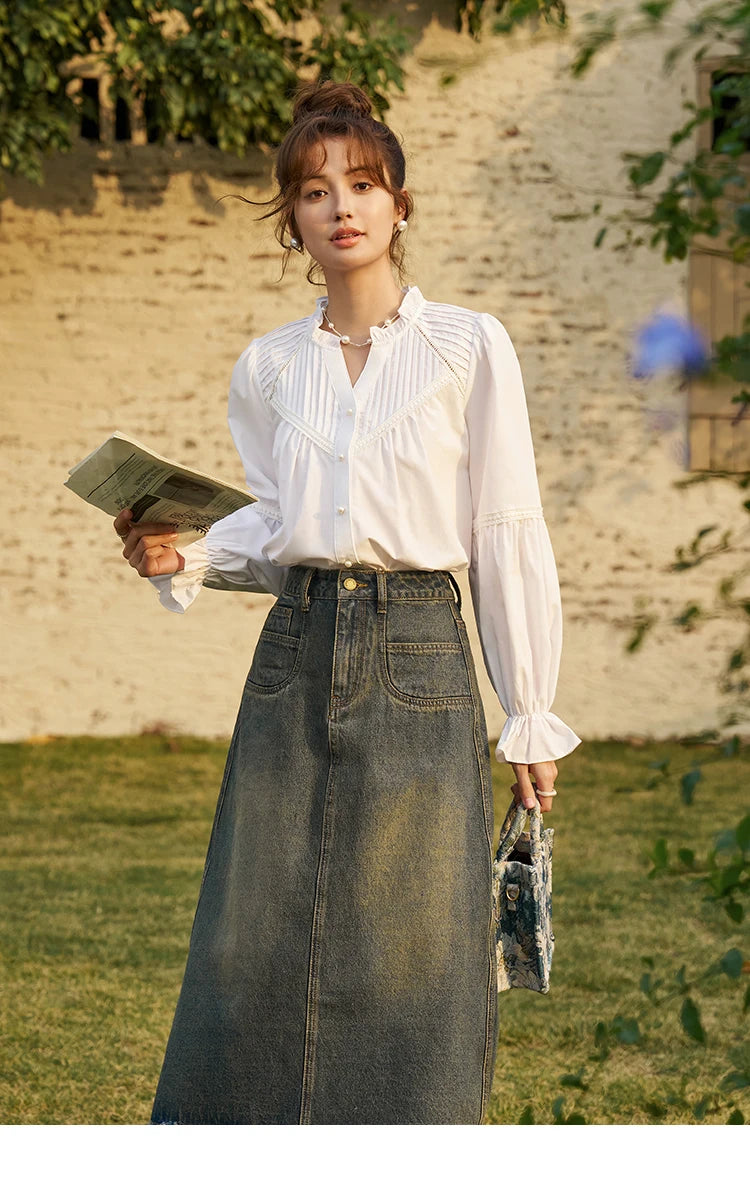 MISHOW French Organ Pleated V-neck Shirt 2025 Autumn Petal Patchwork Ruffle Sleeve Solid Pearl Single Breasted Tops MXD13X1354