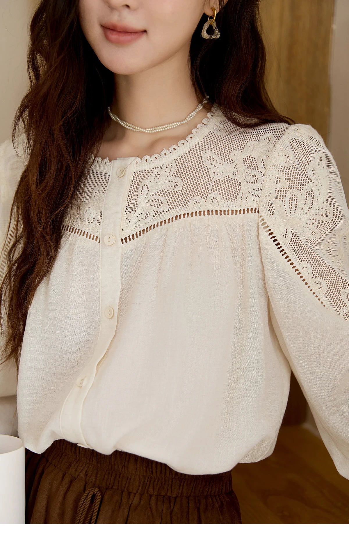 MISHOW Women's Beige Hollow Out Embroidery Shirt Autumn French Elegant Long Sleeve O-Neck Shirts Retro Commute Tops MXE44X2498
