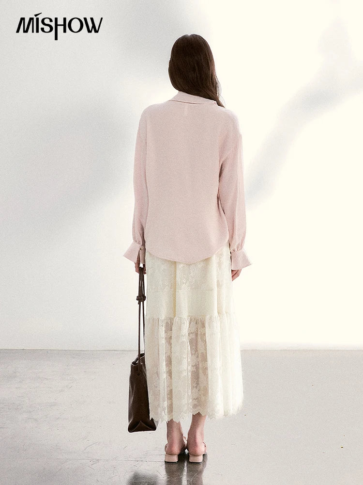 MISHOW Women's Pink Elegant Blouse 2026 Spring Asymmetrical Ruffled Collar Button Shirts Puff Sleeve Casual Loose Top MXF11X2520