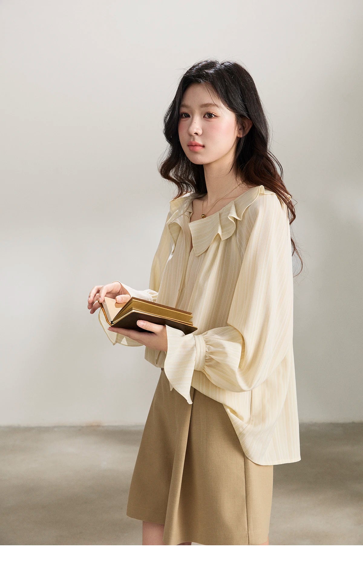 MISHOW Women's Ruffled Collar Striped Shirt 2026 Spring Flare Sleeve Elegant Casual Loose Long Sleeve Top Office Lady MXF13C2438