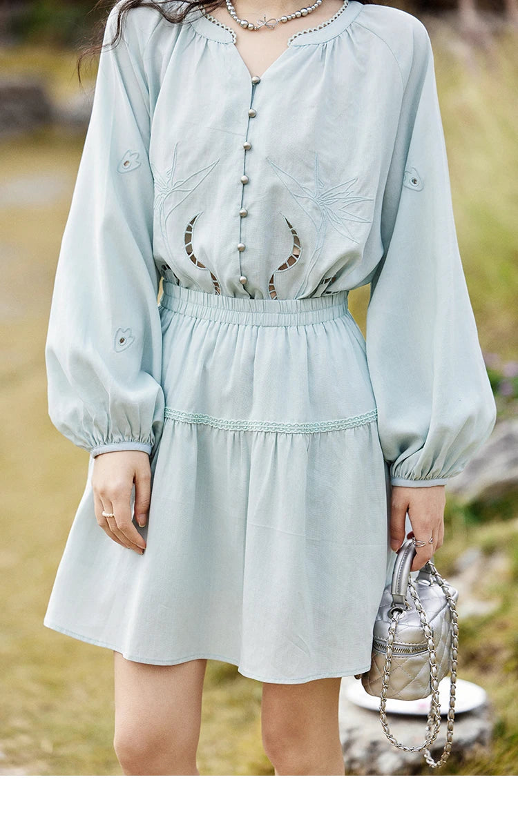 MISHOW Women's Sweet Blouses A-line Skirts Set Vintage Hollow Out Embroidery Loose Shirt Solid Skirt Two-piece Set MXE12T0455